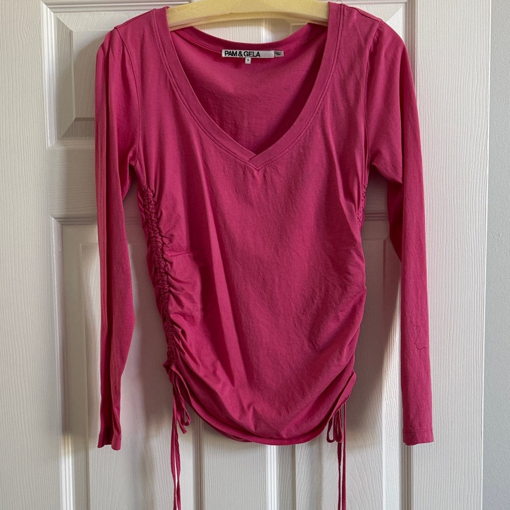 Pink V-Neck Ruched Long Sleeve Top